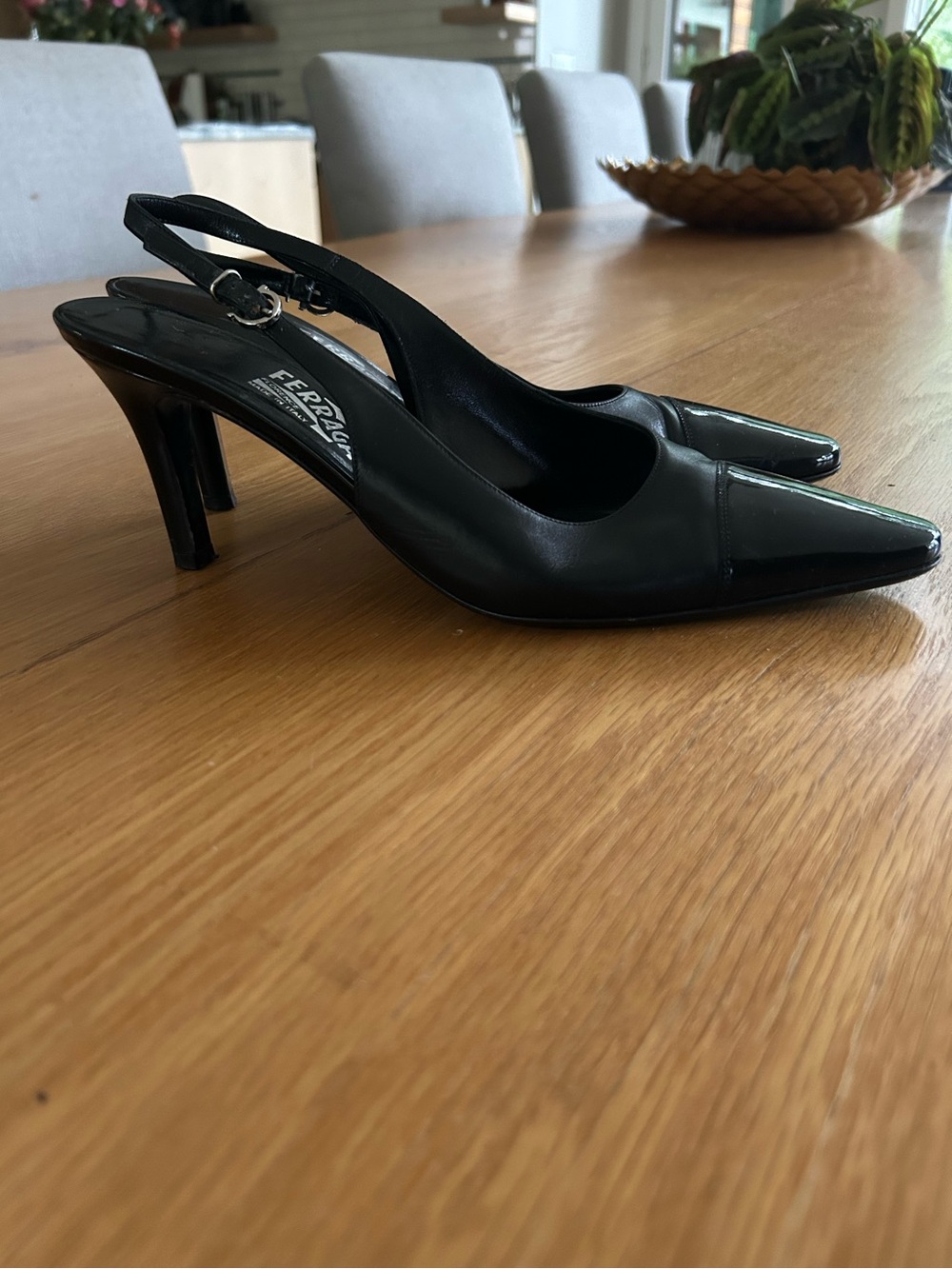 Ferragamo sling back leather heels with patent leather cap toe